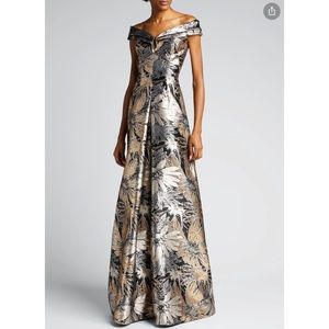 RICKIE FREEMAN FOR TERI JON
Off-Shoulder Metallic Floral Jacquard Gown - Gold 16